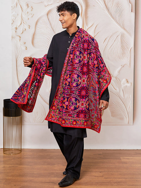 Men's Black Viscose Kurta, Patiala And Dupatta Set.